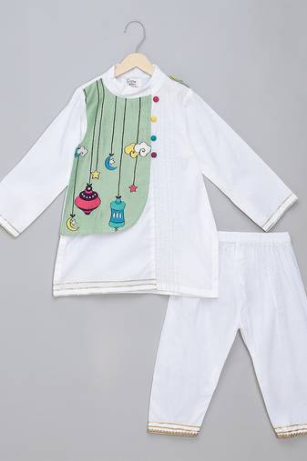 White printed cotton silk kurta pyjama