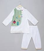 White printed cotton silk kurta pyjama