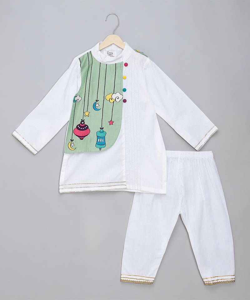 White printed cotton silk kurta pyjama