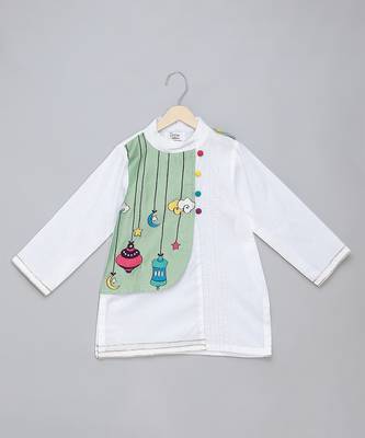 White printed cotton silk Boy's Kurta Pyjama 3