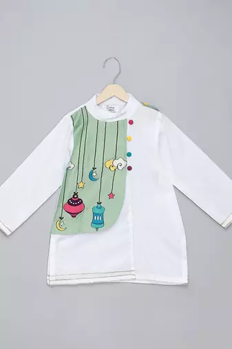 White printed cotton silk Boy's Kurta Pyjama