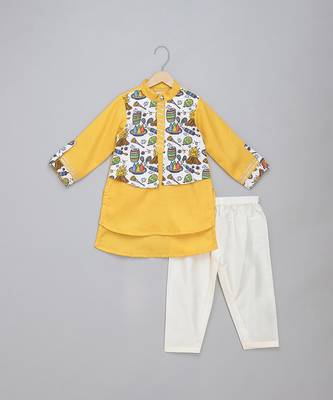 Yellow printed cotton Boy's Kurta Pyjama 1