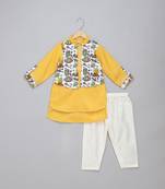 Yellow printed cotton kurta pyjama