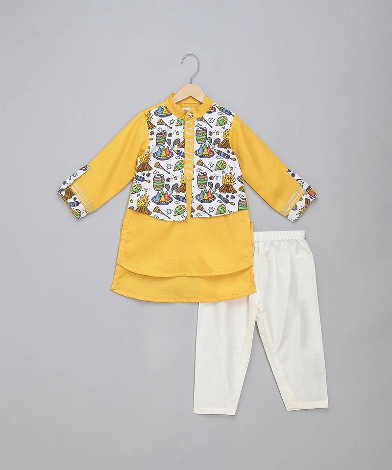 Yellow printed cotton kurta pyjama
