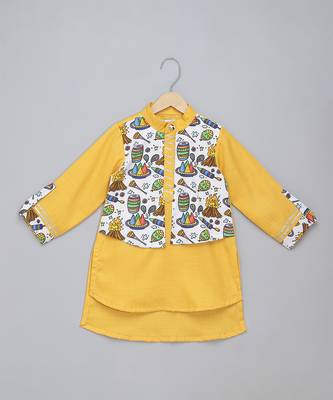 Yellow printed cotton Boy's Kurta Pyjama 3