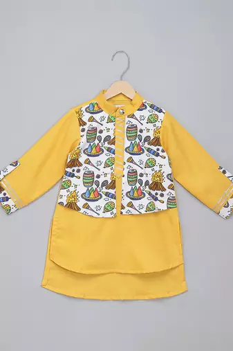 Yellow printed cotton Boy's Kurta Pyjama