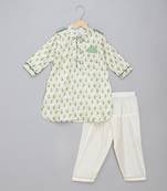 Green printed cotton silk kurta pyjama