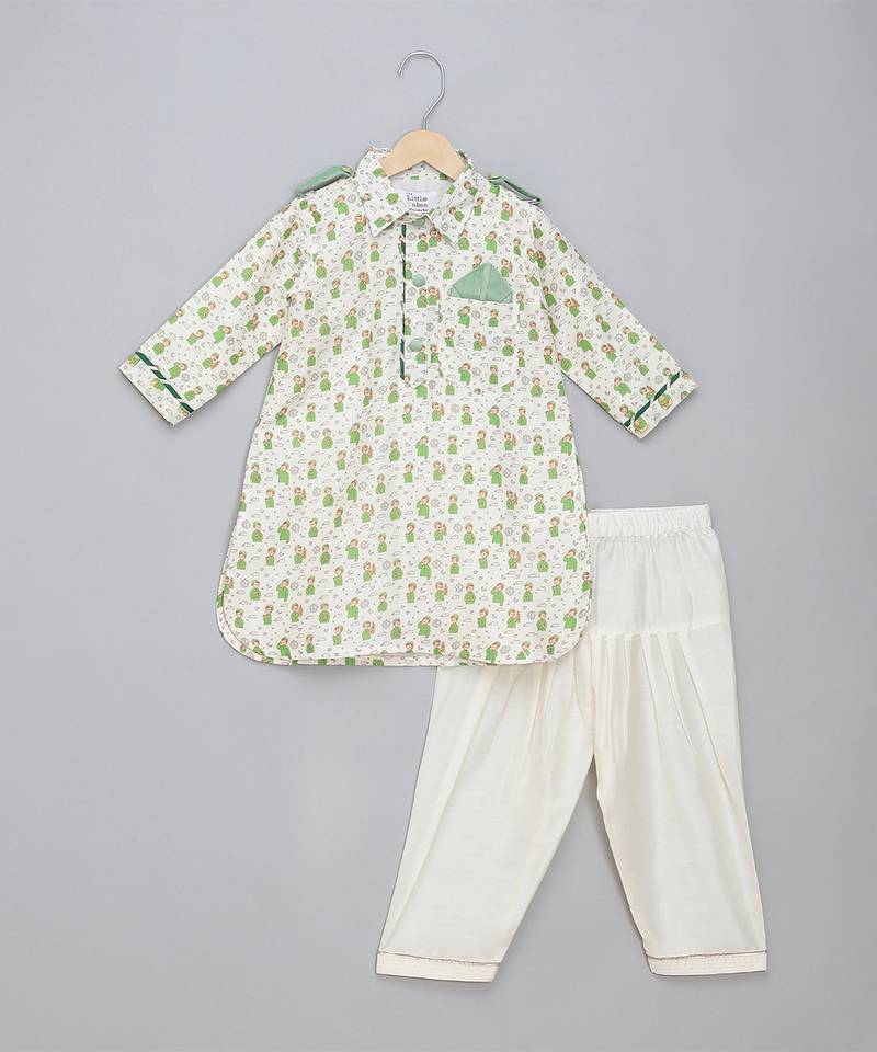 Green printed cotton silk kurta pyjama