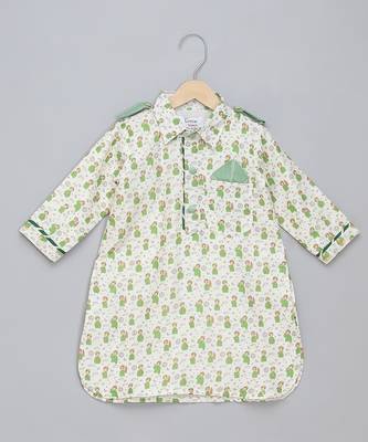 Green printed cotton silk Boy's Kurta Pyjama 3