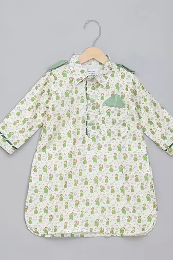 Green printed cotton silk Boy's Kurta Pyjama
