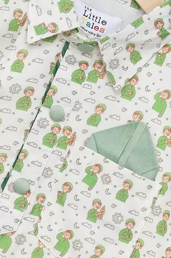 Green printed cotton silk Boy's Kurta Pyjama