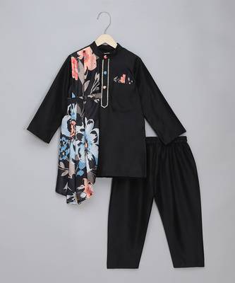 Black printed cotton silk Boy's Kurta Pyjama 1