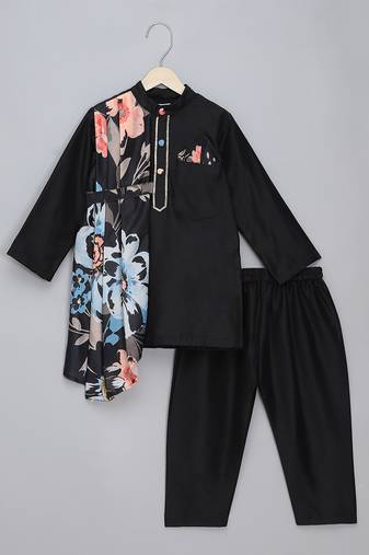 Black printed cotton silk kurta pyjama