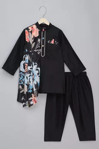 Black printed cotton silk kurta pyjama
