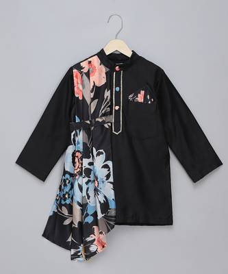 Black printed cotton silk Boy's Kurta Pyjama 2