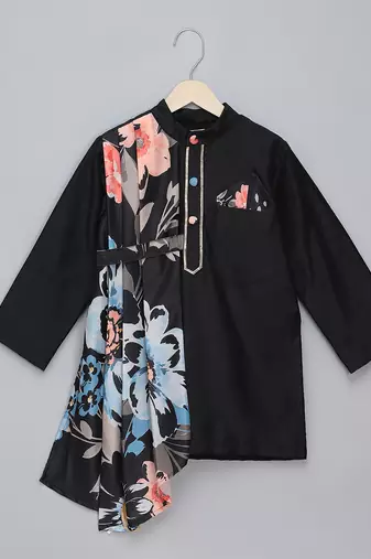 Black printed cotton silk Boy's Kurta Pyjama