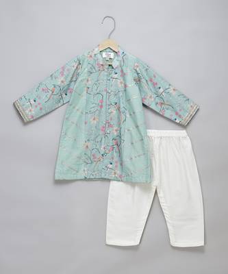Green printed cotton silk Boy's Kurta Pyjama 1