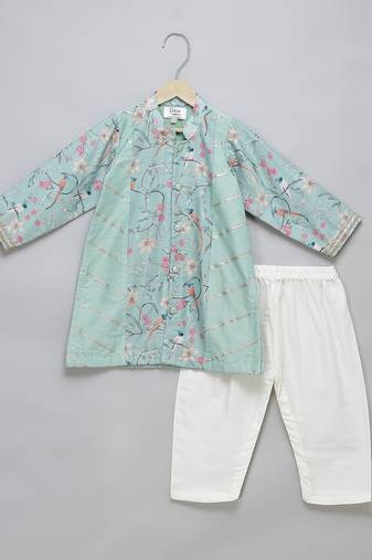 Green printed cotton silk kurta pyjama