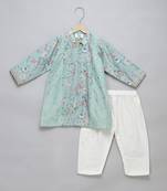Green printed cotton silk kurta pyjama