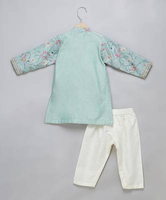 Green printed cotton silk Boy's Kurta Pyjama 2