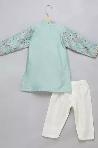 Green printed cotton silk Boy's Kurta Pyjama