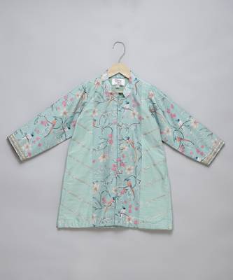 Green printed cotton silk Boy's Kurta Pyjama 3
