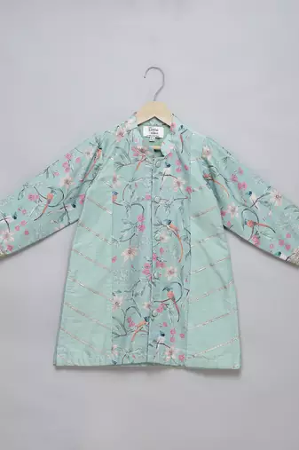 Green printed cotton silk Boy's Kurta Pyjama