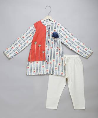 Blue printed cotton silk Boy's Kurta Pyjama 1