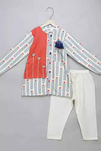 Blue printed cotton silk kurta pyjama