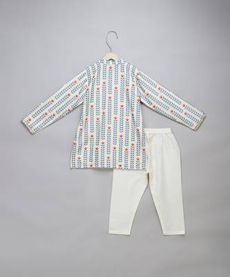 Blue printed cotton silk Boy's Kurta Pyjama 2