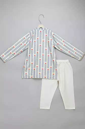 Blue printed cotton silk Boy's Kurta Pyjama