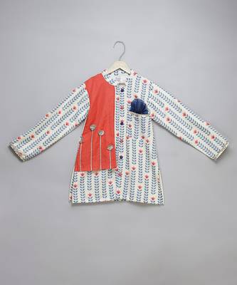 Blue printed cotton silk Boy's Kurta Pyjama 3