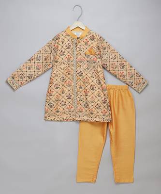 Yellow printed cotton silk Boy's Kurta Pyjama 1