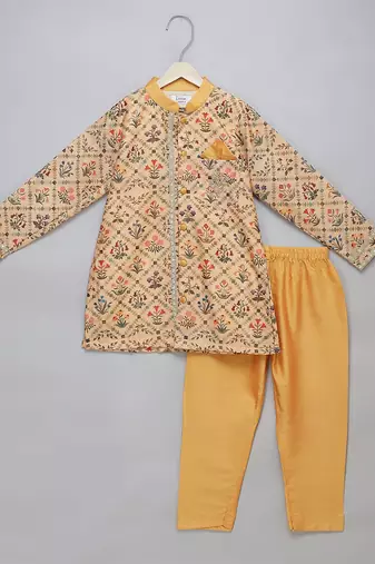 Yellow printed cotton silk kurta pyjama