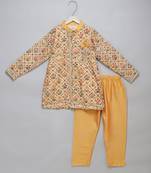 Yellow printed cotton silk kurta pyjama
