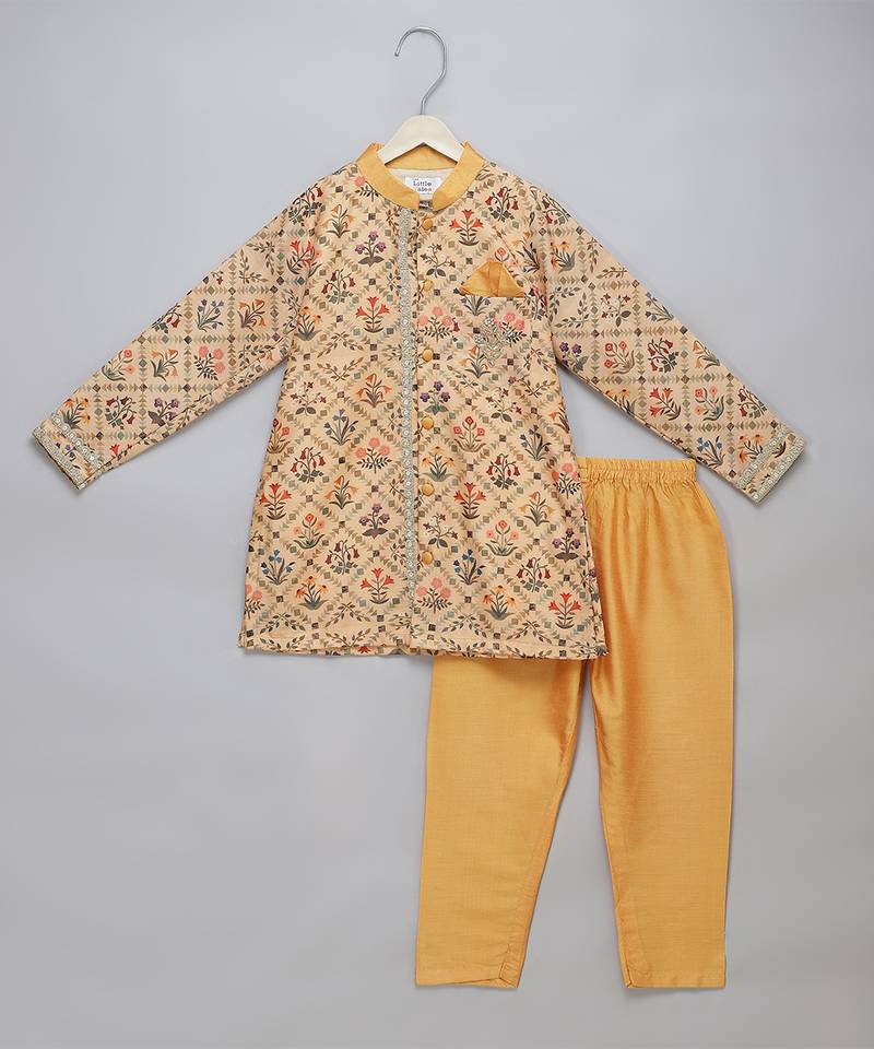 Yellow printed cotton silk kurta pyjama