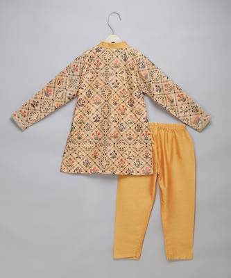 Yellow printed cotton silk Boy's Kurta Pyjama 2
