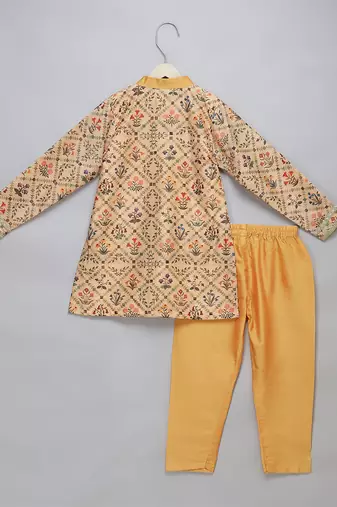 Yellow printed cotton silk Boy's Kurta Pyjama