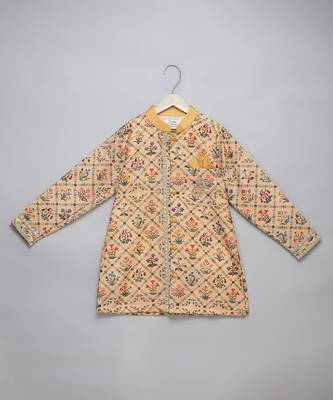 Yellow printed cotton silk Boy's Kurta Pyjama 3