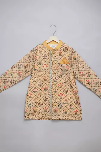 Yellow printed cotton silk Boy's Kurta Pyjama