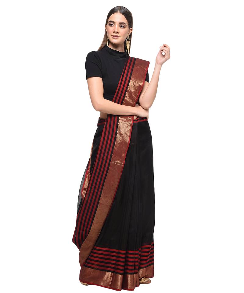 Black chanderi hand woven saree with blouse pc