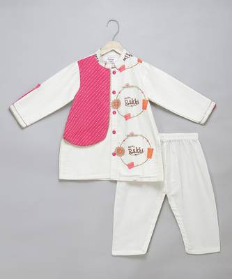 White printed cotton silk Boy's Kurta Pyjama 1