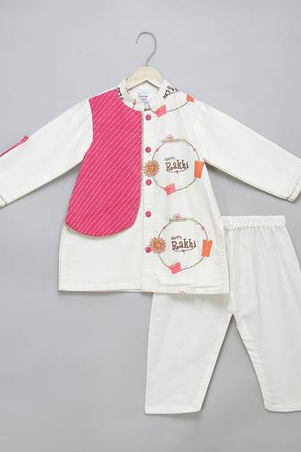 White printed cotton silk kurta pyjama