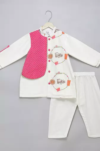 White printed cotton silk kurta pyjama