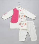 White printed cotton silk kurta pyjama