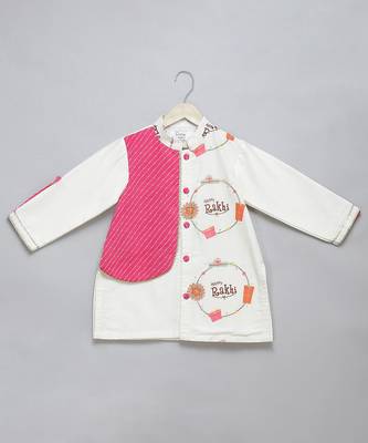 White printed cotton silk Boy's Kurta Pyjama 3