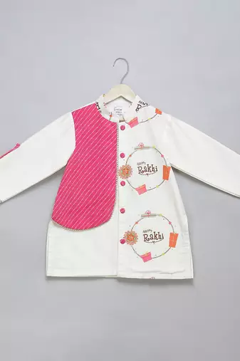 White printed cotton silk Boy's Kurta Pyjama