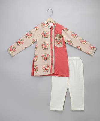 Peach printed cotton silk Boy's Kurta Pyjama 1