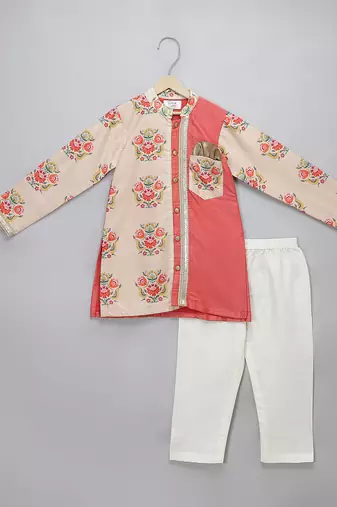 Peach printed cotton silk kurta pyjama