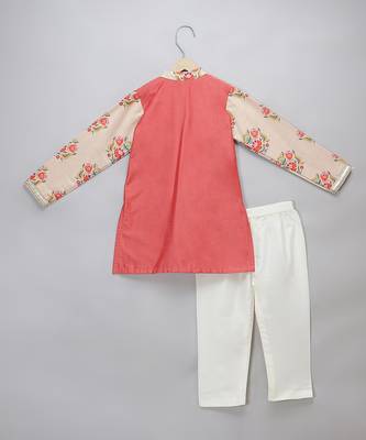 Peach printed cotton silk Boy's Kurta Pyjama 2